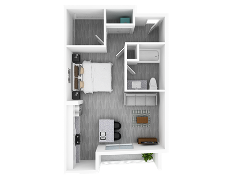 Floor plan for studio, 1 bath, 627 sqft